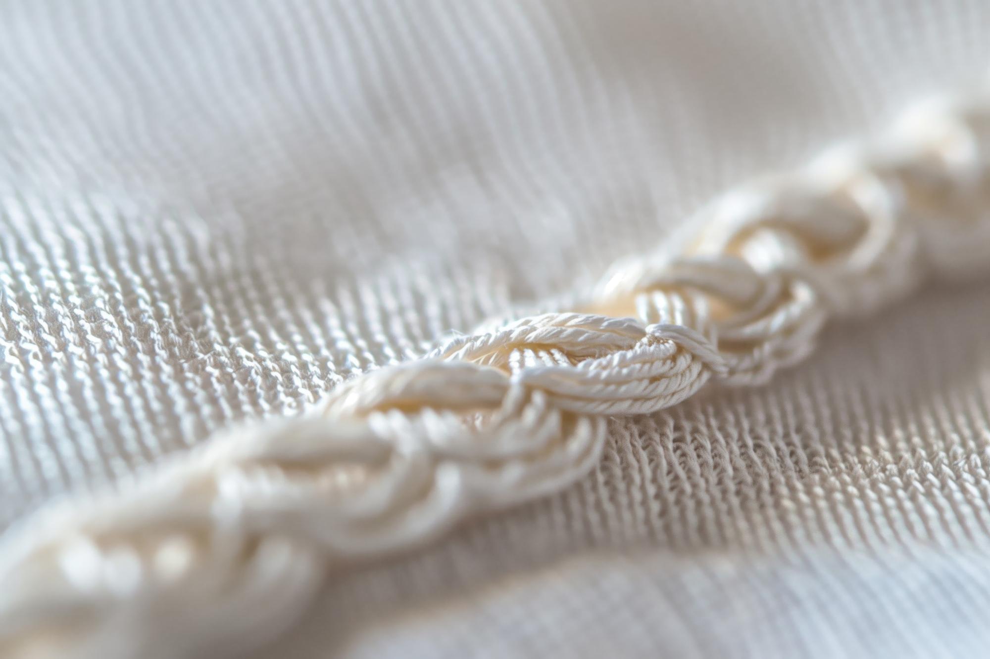 Detail of satin stitch and French knots on neutral cloth